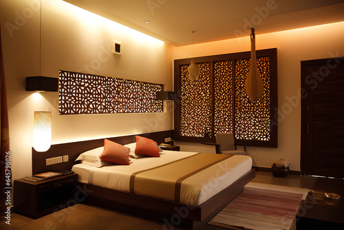 Indian style bedroom interior in modern luxury house. photo