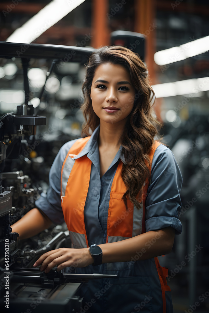 Confident female worker skillfully operating high-tech machinery in a modern automotive manufacturing setting. Image created using artificial intelligence. Confident female worker skillfully operating high-tech machinery in a modern automotive manufacturing setting. Image created using artificial intelligence.