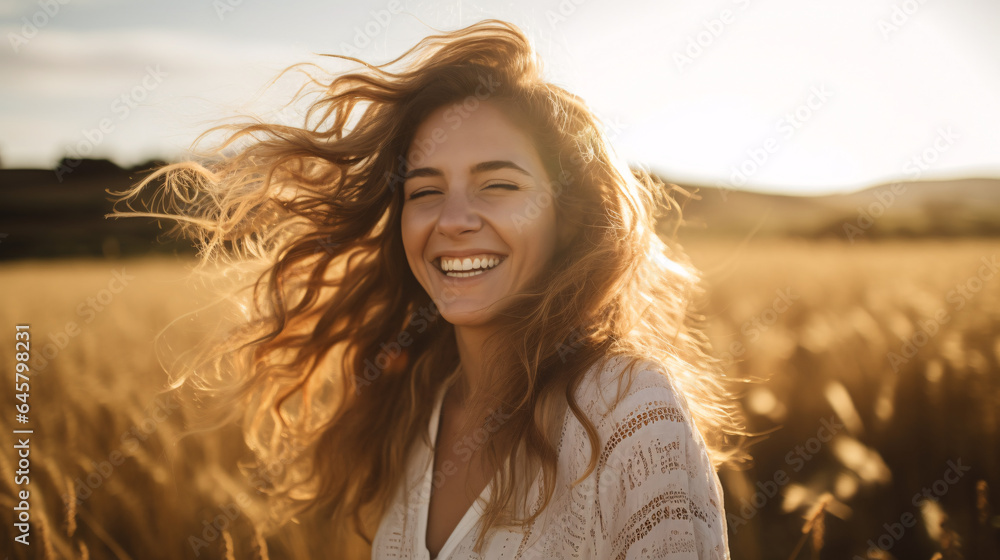 Portrait of a beautiful young woman with long hair in a wheat field Portrait of a beautiful young woman with long hair in a wheat field