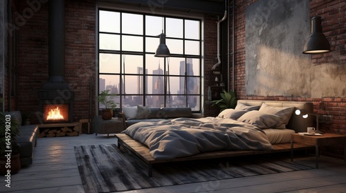 A city loft bedroom with an industrial-inspired design scheme