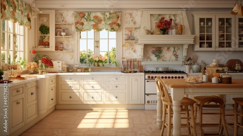 A classic English country kitchen with white cabinetry and floral accents