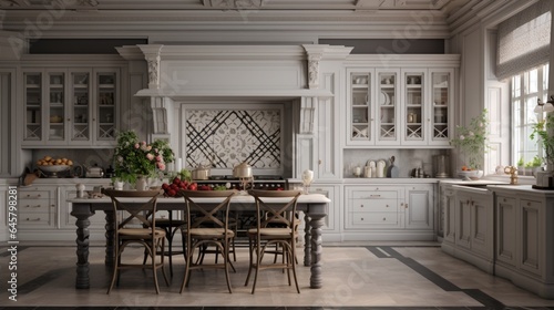 A classic English kitchen with white cabinetry and traditional detailing