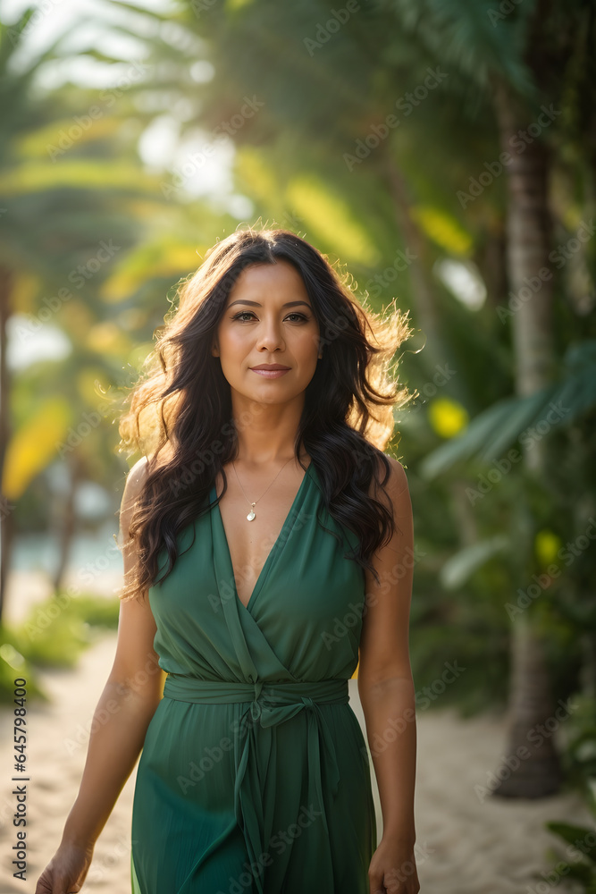 Beautiful middle aged woman with long black hair in green dress walking on tropical beach in warm sunlight flare. Image created using artificial intelligence.