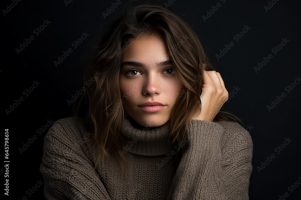 portrait of brunette young woman on black background, ai generated portrait of brunette young woman on black background, ai generated