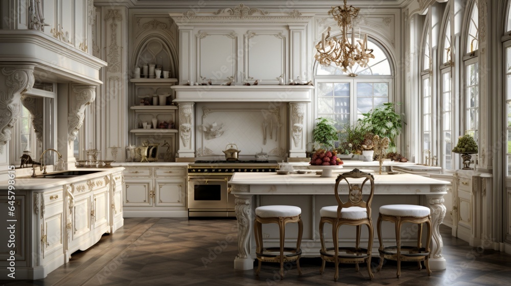 A classic French kitchen with marble countertops and ornate detailing