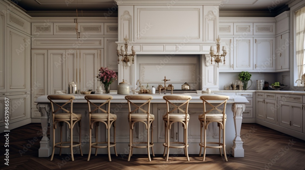 A classic French kitchen with white cabinetry and traditional detailing