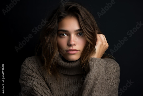 portrait of brunette young woman on black background, ai generated
