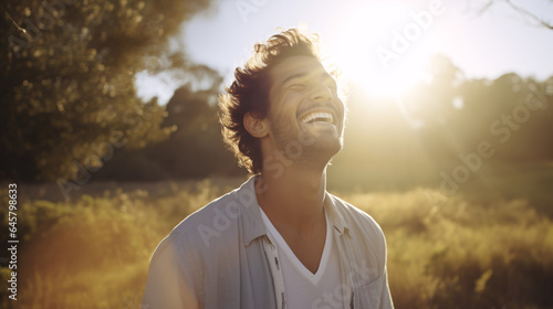 Portrait of a smiling young man standing in the field at sunset