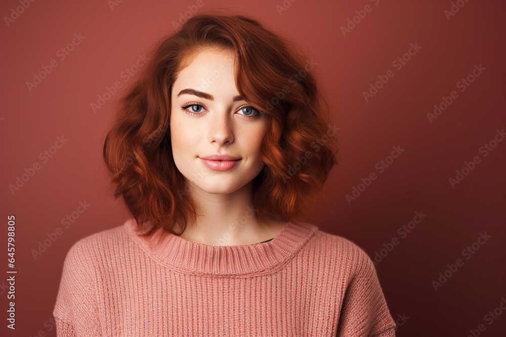 portrait of red-haired young woman on red background, ai generated portrait of red-haired young woman on red background, ai generated