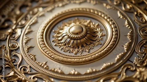 A close-up of an ornate ceiling medallion in a historic office