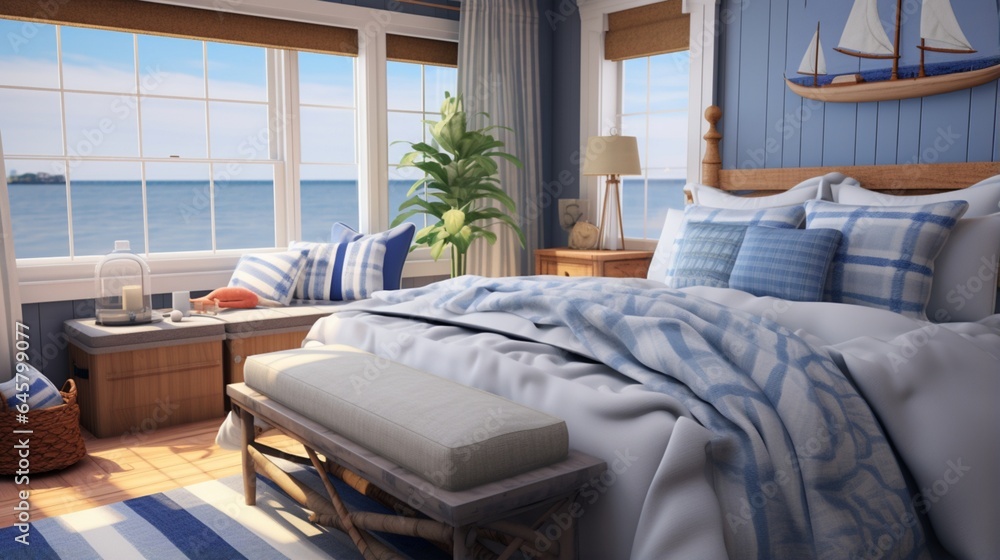 A coastal-themed bedroom with breezy fabrics and nautical accents A coastal-themed bedroom with breezy fabrics and nautical accents