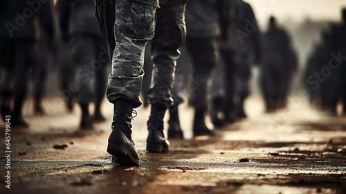 Marching army of men in uniform and boots close up photo