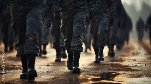 Marching army of men in uniform and boots close up photo