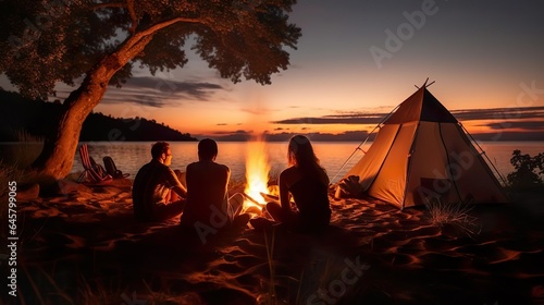 Fototapeta Naklejka Na Ścianę i Meble -  Night summer camping on lake shore Group