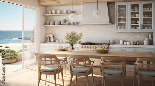 A coastal chic kitchen with light colors and natural textures