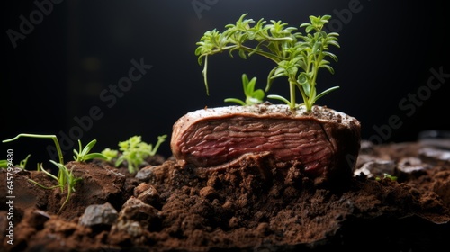 Beef steak on the ground with a tree growing out of it