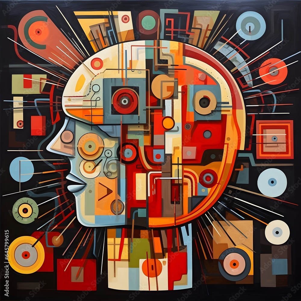 Brainstorm concept. cubist painting of a head and brain on dark background Brainstorm concept. cubist painting of a head and brain on dark background