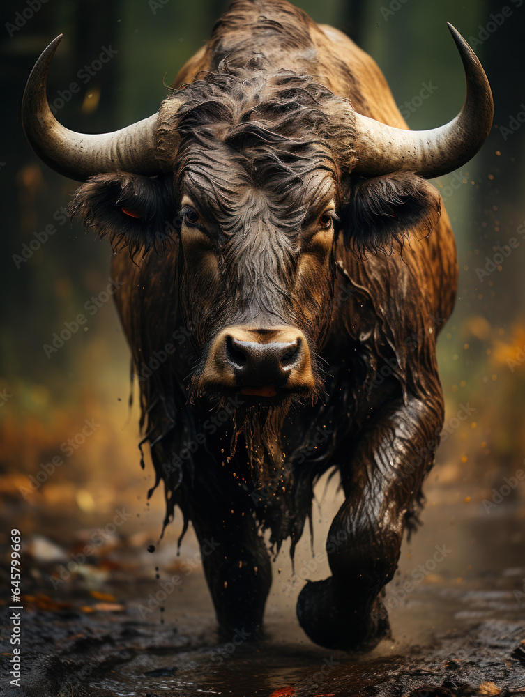 Naklejka premium Bull in its Natural Habitat, Wildlife Photography, Generative AI