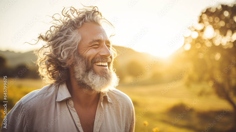 Portrait of handsome mature man smiling while standing in field at sunset Portrait of handsome mature man smiling while standing in field at sunset