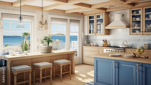 A coastal chic kitchen with light wood cabinets and nautical touches