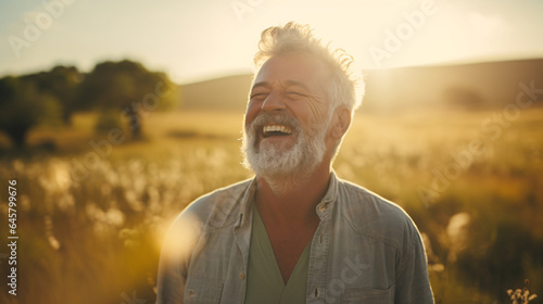 Portrait of senior man smiling while standing in field at sunset.