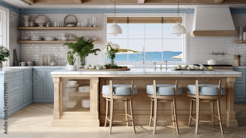 A coastal chic kitchen with light wood cabinets and nautical touches