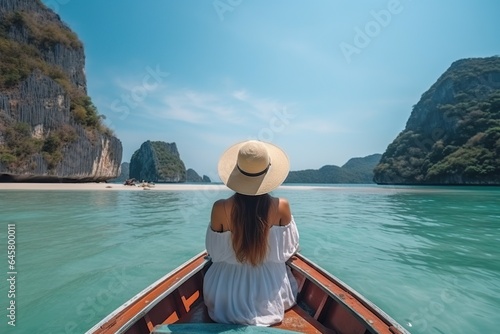 Woman travelling on the boat and enjoy her trip with ready to adventure. Happy travel woman on vacation concept. ai generative © Vilaysack
