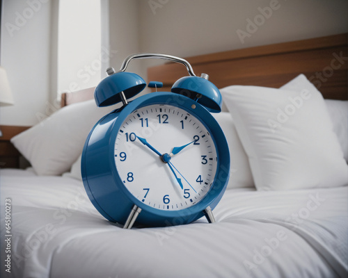 Blue alarm clock on bed