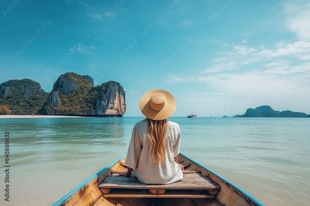 Fototapeta premium Woman travelling on the boat and enjoy her trip with ready to adventure. Happy travel woman on vacation concept. ai generative
