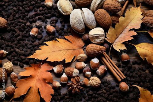 A stock photo of a autumn leaves and nuts were drie, generative ai photo