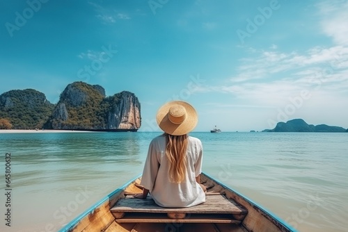 Woman travelling on the boat and enjoy her trip with ready to adventure. Happy travel woman on vacation concept. ai generative © Vilaysack