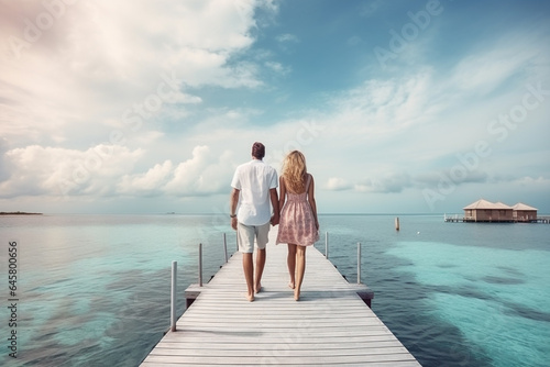 Travel, leisure, lifestyle concept. Young couple traveling in tropical island. Blue lagoon, palm trees and resort houses in background. Generative AI © Rytis