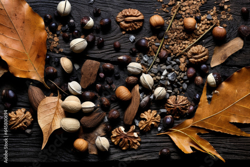 A stock photo of a autumn leaves and nuts were drie, generative ai