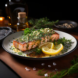 fillet of salmon on a plate with herbs and a lem, generative ai
