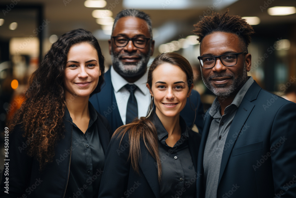 People, business, lifestyle concept. Portrait of multicultural business team. Various cultures employees posing to camera in conference, exhibition event or company hall. Happy emotions. Generative AI