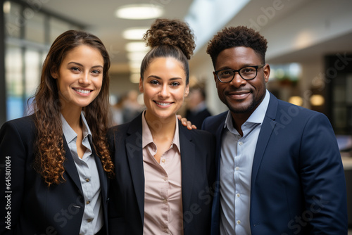 People, business, lifestyle concept. Portrait of multicultural business team. Various cultures employees posing to camera in conference, exhibition event or company hall. Happy emotions. Generative AI