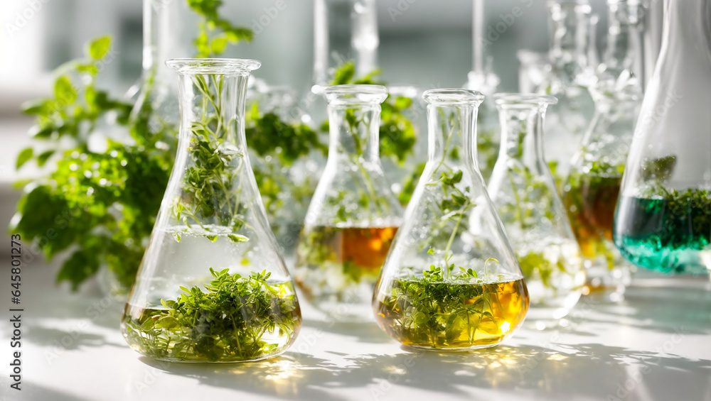 Flask with a plant in the laboratory Flask with a plant in the laboratory