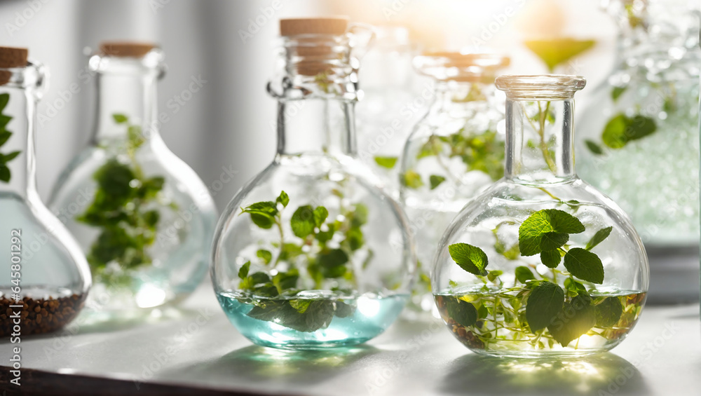 Flask with a plant in the laboratory Flask with a plant in the laboratory