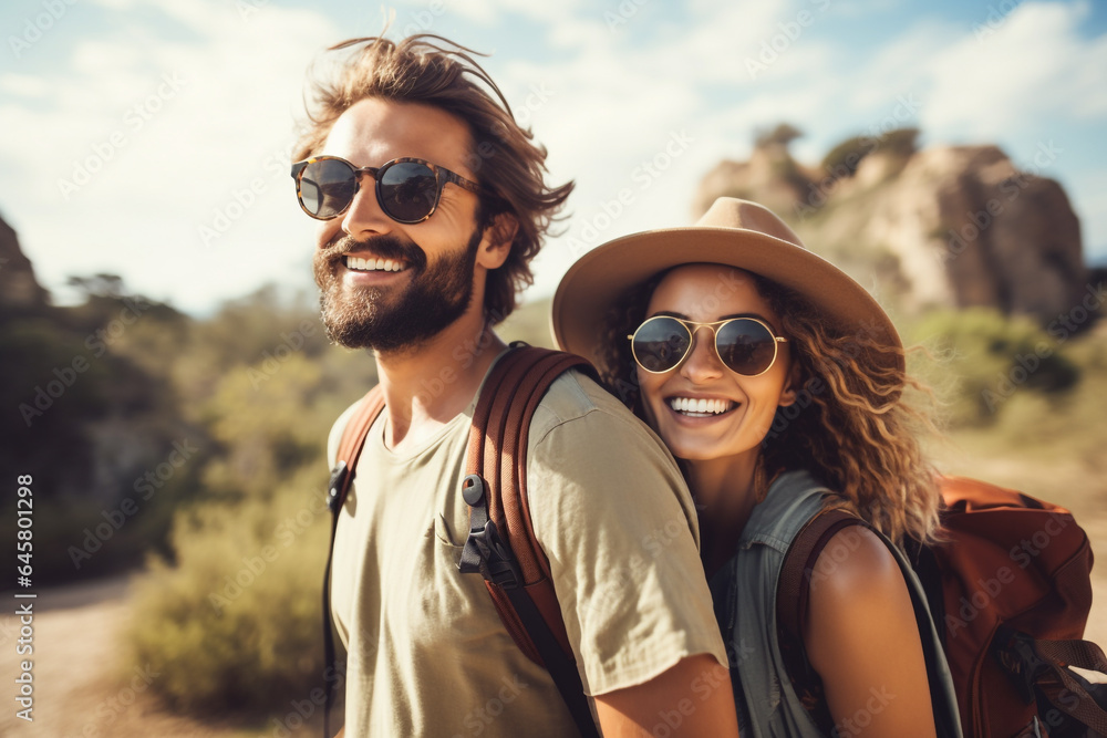 Travel concept. Young and happy couple traveling lifestyle portrait. Young and beautiful happy couple enjoy traveling adventures. Generative AI Travel concept. Young and happy couple traveling lifestyle portrait. Young and beautiful happy couple enjoy traveling adventures. Generative AI
