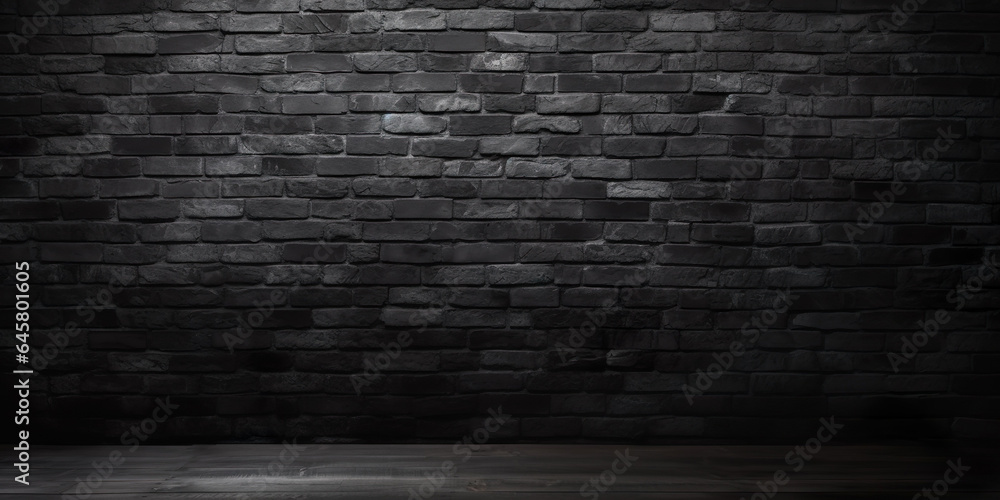 Black Vintage Loft Brick Wall Background,  Brick texture. Rustic  Brick texture. Wood background. Wooden plank floor background. generative ai - obrazy, fototapety, plakaty 