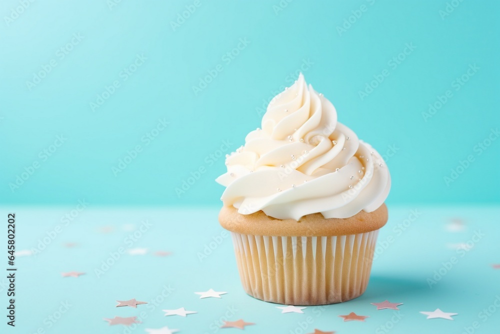 Birthday cupcake on blue background, Cupcake on a colorful background and space for the text, Cupcake for birthday Birthday cupcake on blue background, Cupcake on a colorful background and space for the text, Cupcake for birthday