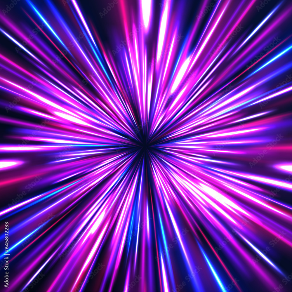 Speed light streaks vector background with blurred fast moving light effect, blue purple colors on black. Glowing street exposure. Blurred motion. Sparkling flow. Vector abstract dynamic dark. Speed light streaks vector background with blurred fast moving light effect, blue purple colors on black. Glowing street exposure. Blurred motion. Sparkling flow. Vector abstract dynamic dark.