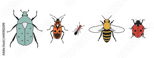 Cute insects in vintage cartoon style. Firebug, ant, flower chafer, honey bee, ladybug isolated on white background © Albina