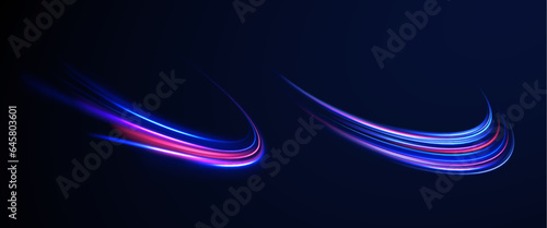  Light arc in neon colors, in the form of a turn and a zigzag.  Big set of light neon lines in the form of swirl and spirals.  Vector glitter light fire flare trace.