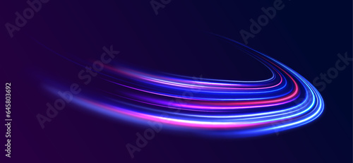 A set of light lines in the form of swirls and waves. light road in the form of a swirl, neon color. Speed line with sports cars. 