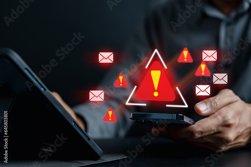 Alert Email inbox and spam virus with warning caution for notification on internet letter security protect, junk and trash mail and compromised information. photo