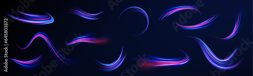 A set of light lines in the form of swirls and waves. light road in the form of a swirl, neon color. Speed line with sports cars. 