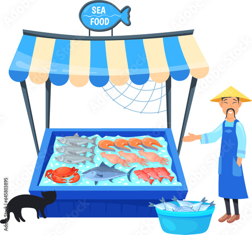 Market fish stand. Raw fresh sea food stall