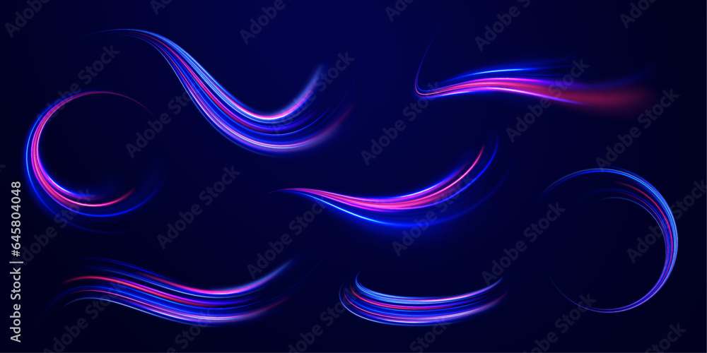 Neon line as speed or arc, turn, twist, bend in light effect. Light arc in neon colors, in the form of a turn and a zigzag. ig set of light neon lines in the form of swirl and spirals.   - obrazy, fototapety, plakaty 