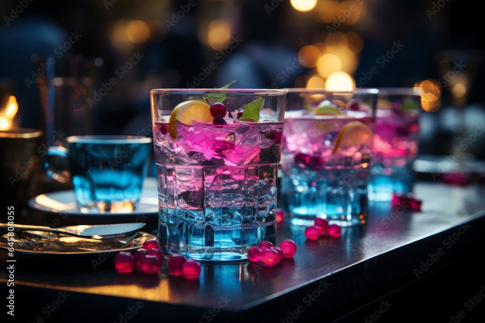 luxurious cocktail glasses in a nightclub